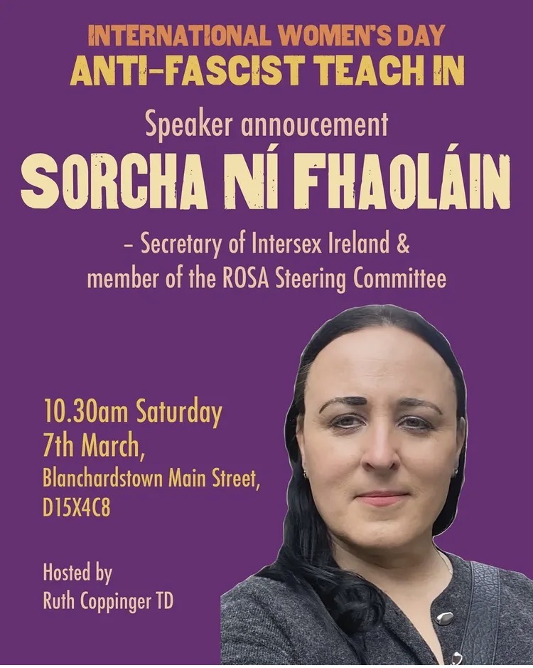 Sorcha Ní Fhaoláin speaking at International Women’s Day anti fascist teach-in Dublin intersex rights