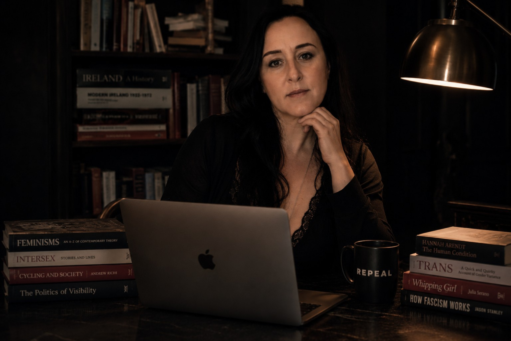 Cinematic portrait of Sorcha Rosa seated at a dark desk with a laptop in a softly lit study, surrounded by books on feminism, politics, intersex visibility, and cycling culture, creating an atmospheric editorial setting.