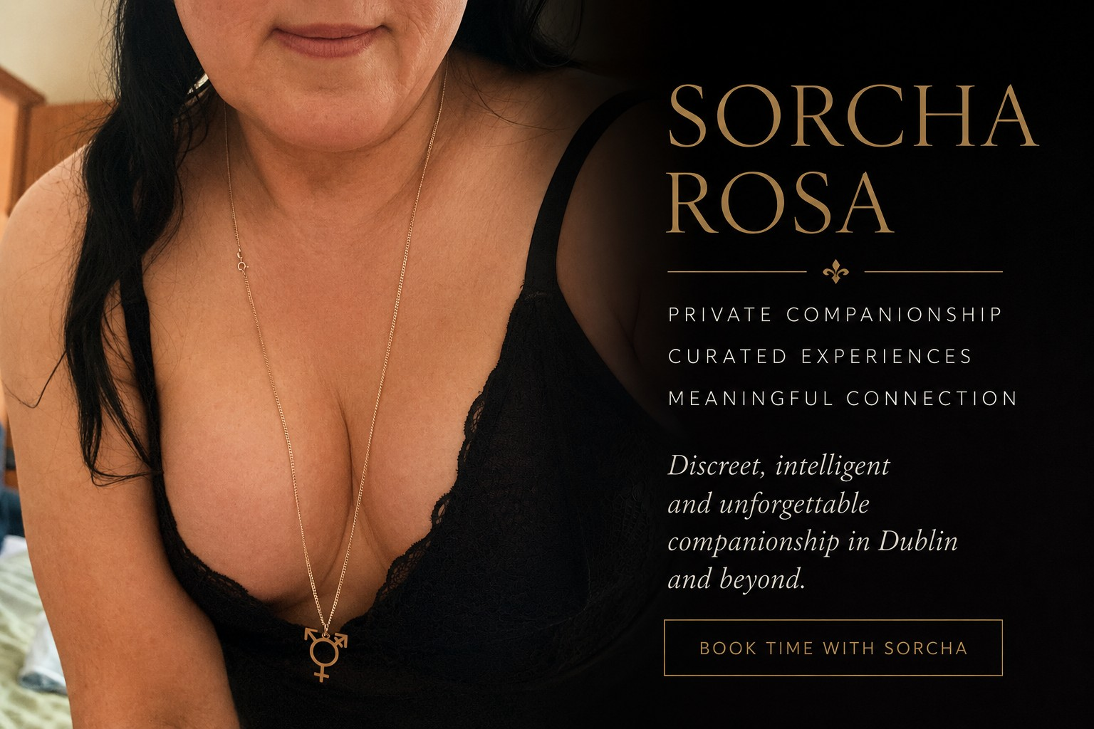 Sorcha Rosa in a black lace dress and gold necklace, photographed in warm intimate lighting beside elegant gold typography promoting private companionship and curated experiences in Dublin.
