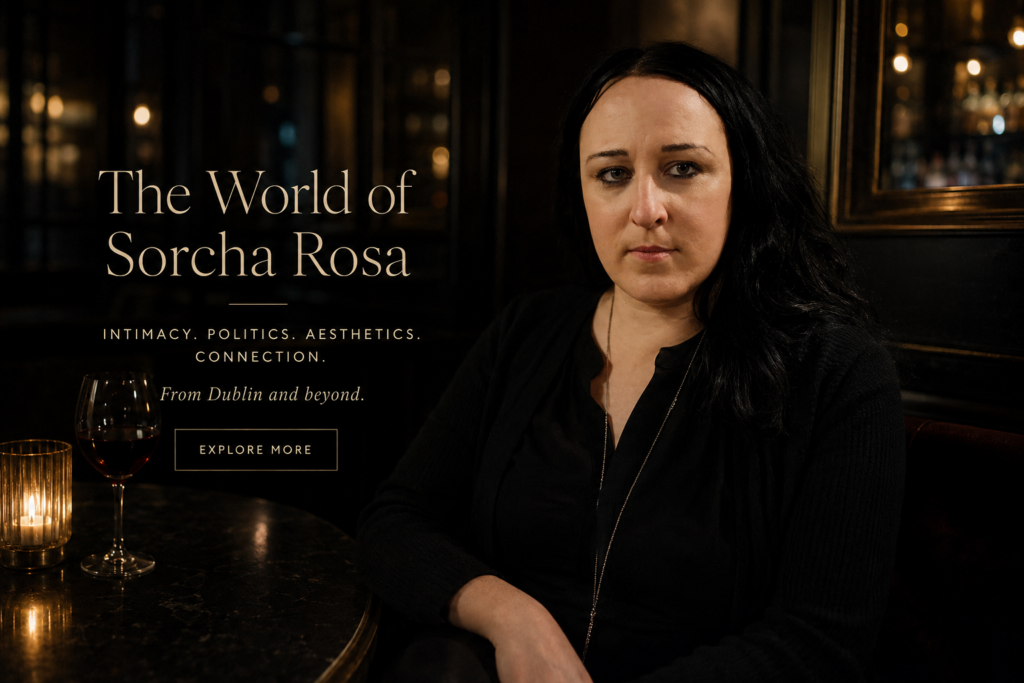 Cinematic editorial portrait of Sorcha Rosa representing escort experiences, nightlife culture, intimacy, writing, cycling aesthetics, and modern Irish public life.