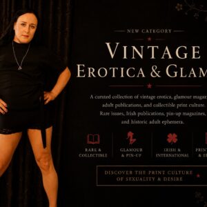 Promotional banner for the Vintage Erotica & Glamour collection featuring Sorcha Rosa against a dark gothic backdrop with vintage-inspired typography and collectible print culture themes.