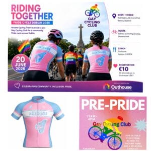 Arcane Cycling Team and Gay Cycling Club Pride Cycle Dublin 2026 event poster with cyclists riding towards Phoenix Park.