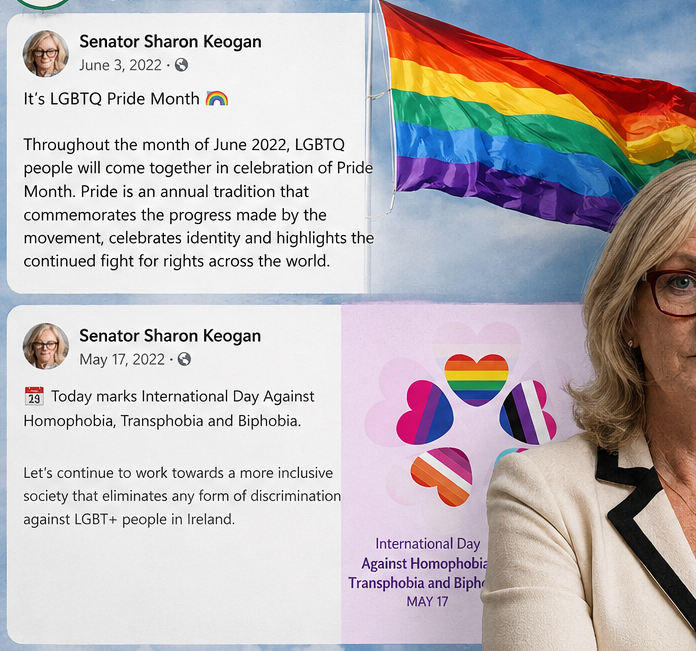 Graphic comparing Sharon Keogan's 2022 public support for LGBTQ Pride and LGBT inclusion with her later political opposition to transgender rights, gender recognition and inclusive education.