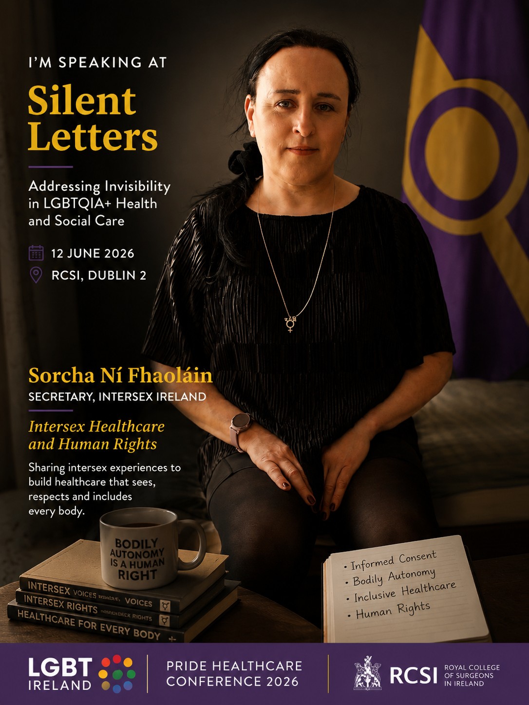 Sorcha Rosa, Secretary of Intersex Ireland, speaking on intersex healthcare and human rights at LGBT Ireland's Pride Healthcare Conference 2026 at RCSI Dublin.