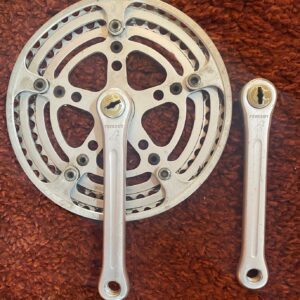 Vintage Peugeot double chainset with 52 and 45 tooth chainrings and square taper crank arms.